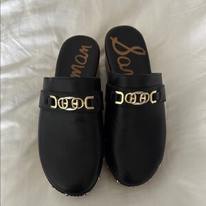 Sam Edelman Black and Gold Mules with Chain Detail